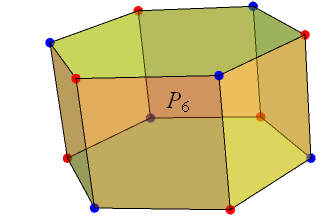 A hexagonal prism, with alternate vertices coloured red and blue.